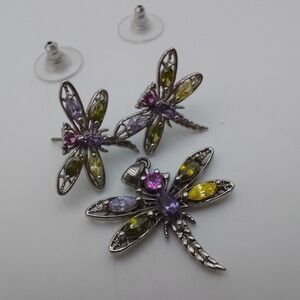 Sterling Silver Dragonfly Pendant & Earrings Set 925 Rhinestones Whimsical Fly
